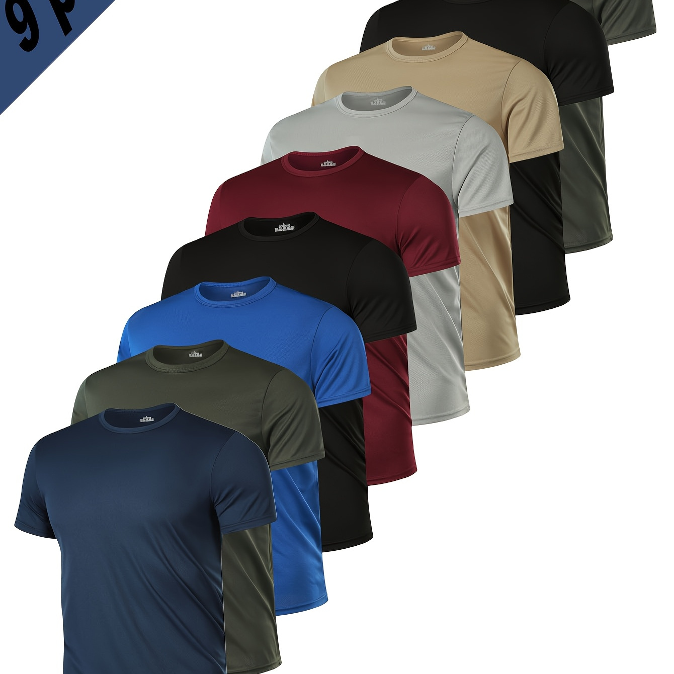 

9pcs Men' Short Sleeve T-shirts - Breathable, Lightweight & Quick-dry Polyester, Solid Colors For Casual & Fitness Wear, Crew Neck, Machine Washable