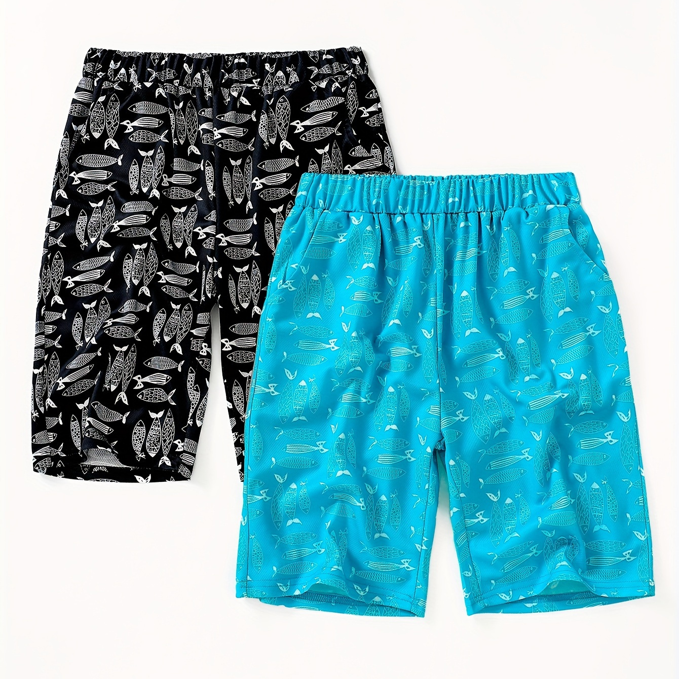 

2pcs Fish Pattern Quick Dry Swim Trunks For Boys, Elastic Waist Beach Shorts, Boys Swimwear For Summer Vacation