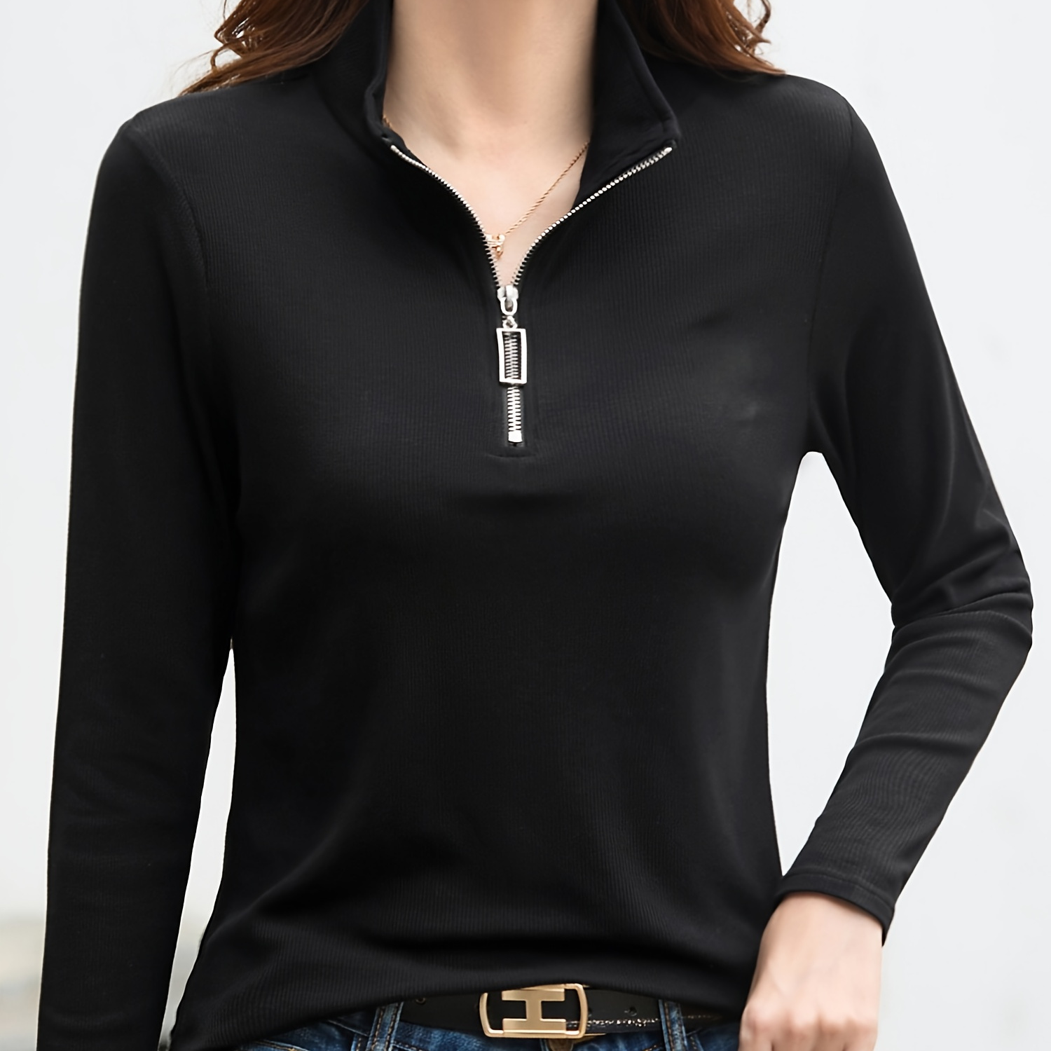 

Quarter Zip Long Sleeve T-shirt, Casual Solid For Spring & Fall, Women's Clothing