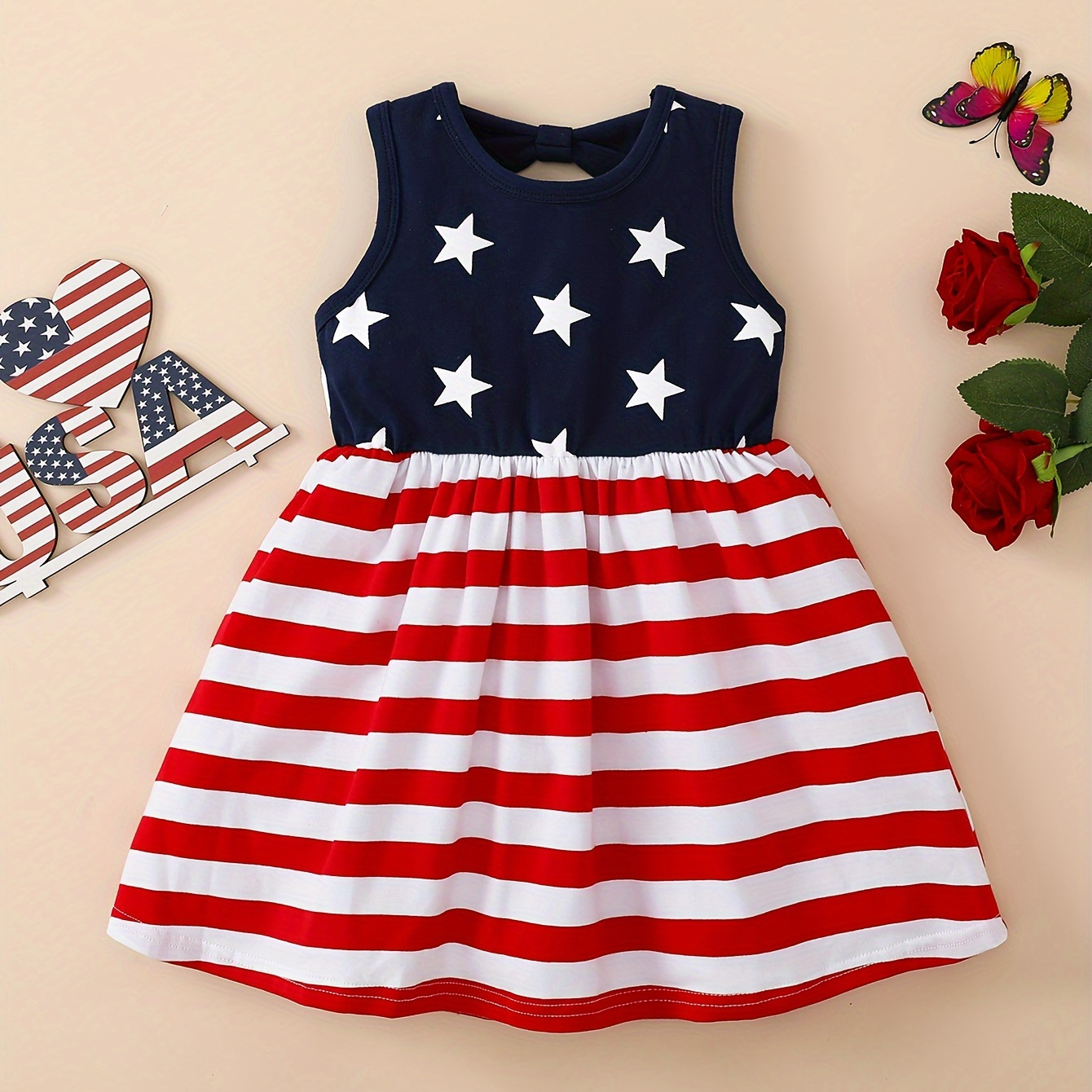 

Independence Day Style Toddler Kid's Cotton Dress, Star & Stripe Pattern Sleeveless Dress, Baby Girl's Clothing For Summer/spring