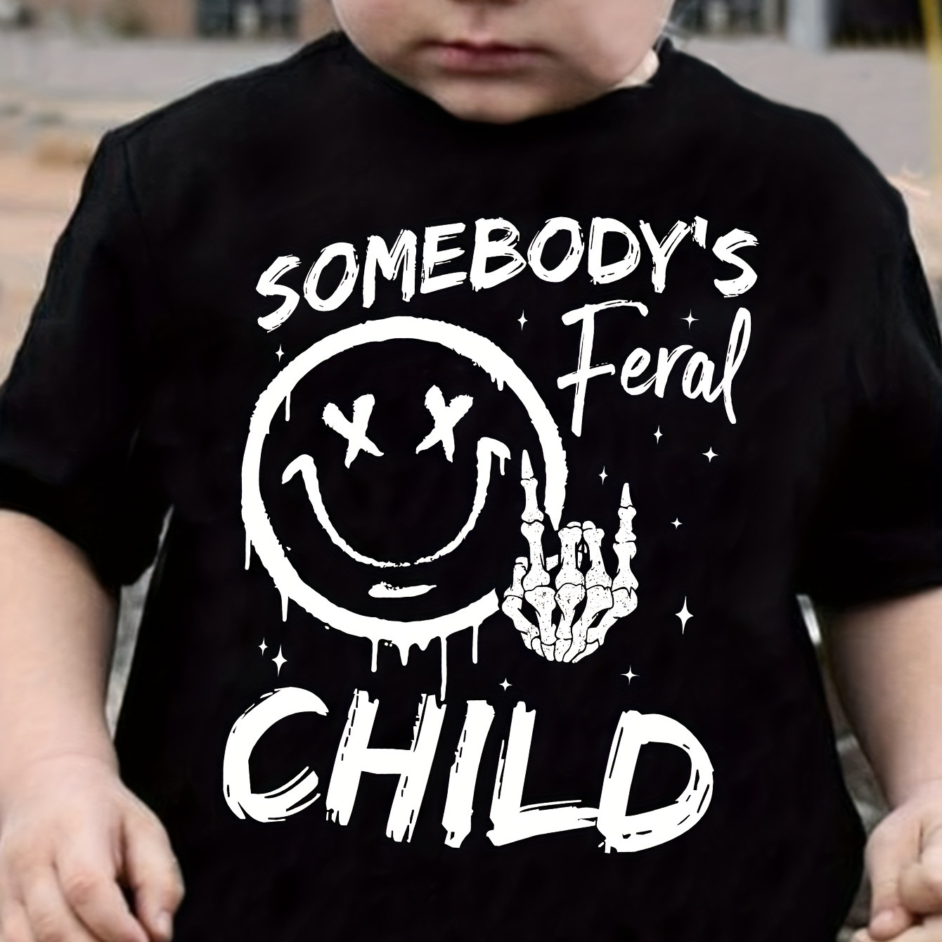 

Somebody's Feral Child & Smile Face Graphic Print Boys Funny Creative T-shirt, Comfortable Crew Neck Top, Kids Summer Clothing