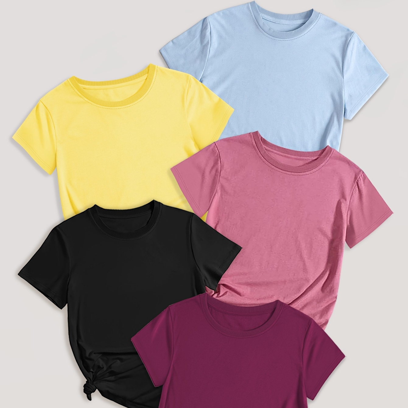 

5 Pcs Plus Size Solid Color Basic T-shirt, Short Sleeve Crew Neck Casual Top For Summer & Spring, Women's Plus Size Clothing