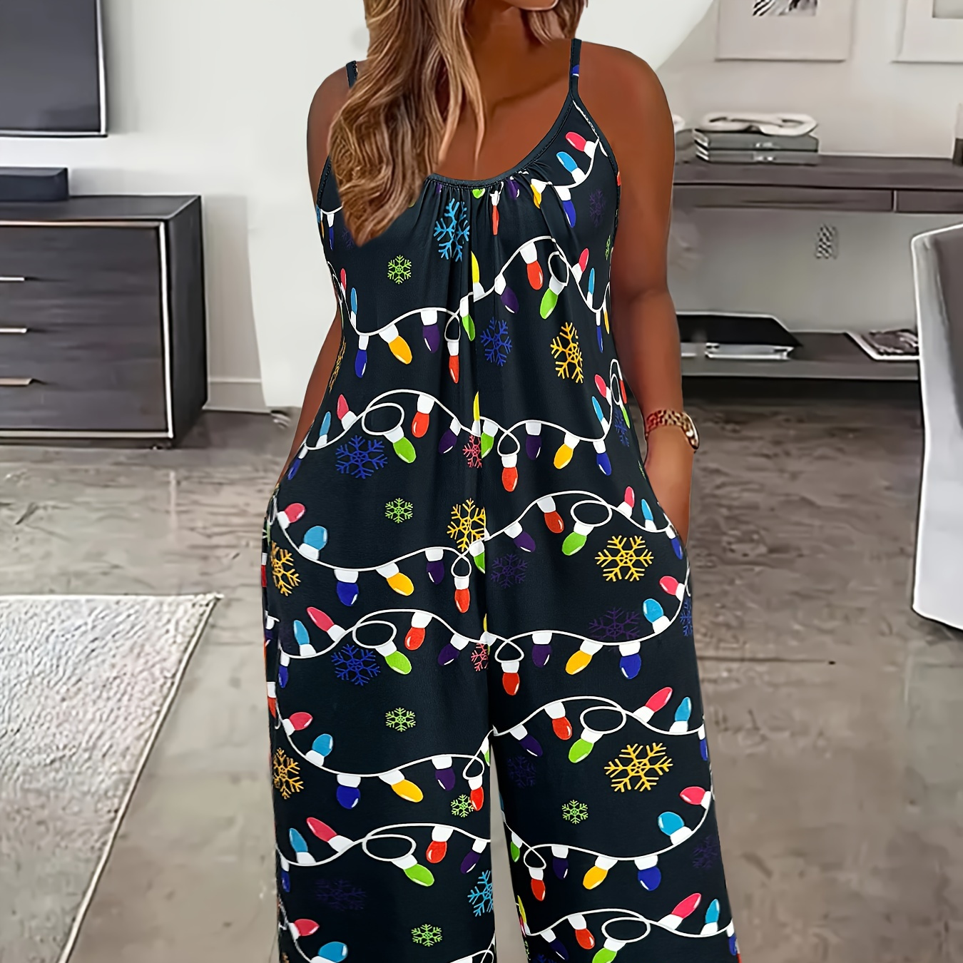 

Plus Size Casual Christmas Print Polyester Jumpsuit With Pockets - Women's Crew Neck Sleeveless Spandex Knit Slingback Wide Leg Romper For All