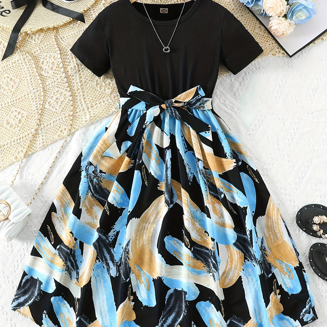 

Elegant Girl Short Sleeve Long Dress, Splicing Design High Waist Holiday Party Dress