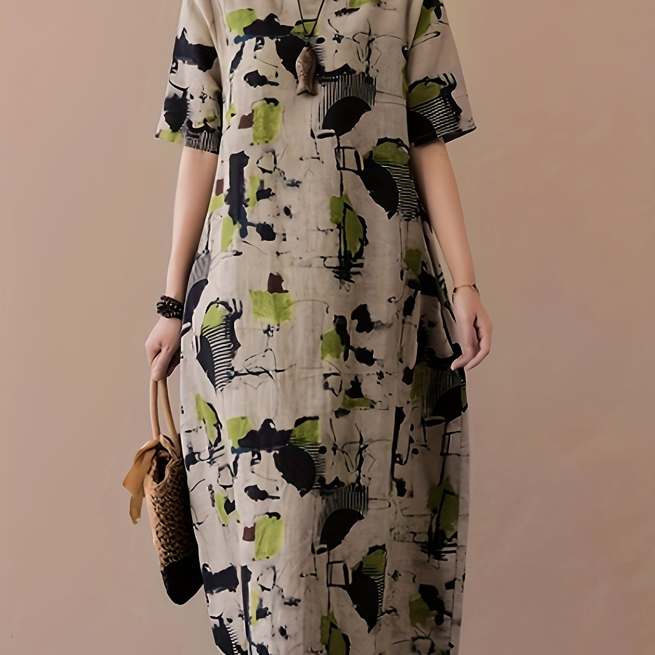 

Elegant Linen Midi Dress With Vibrant Abstract Print - Casual Yet Chic, Short Sleeve, Round Neck, Machine Washable, No Stretch - Spring/summer/fall Events