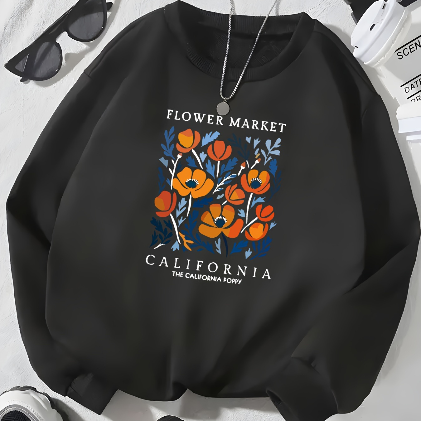 

Women's California Graphic Sweatshirt - Casual Long Sleeve, Round Neck, Polyester, Black With Orange Poppies And Blue