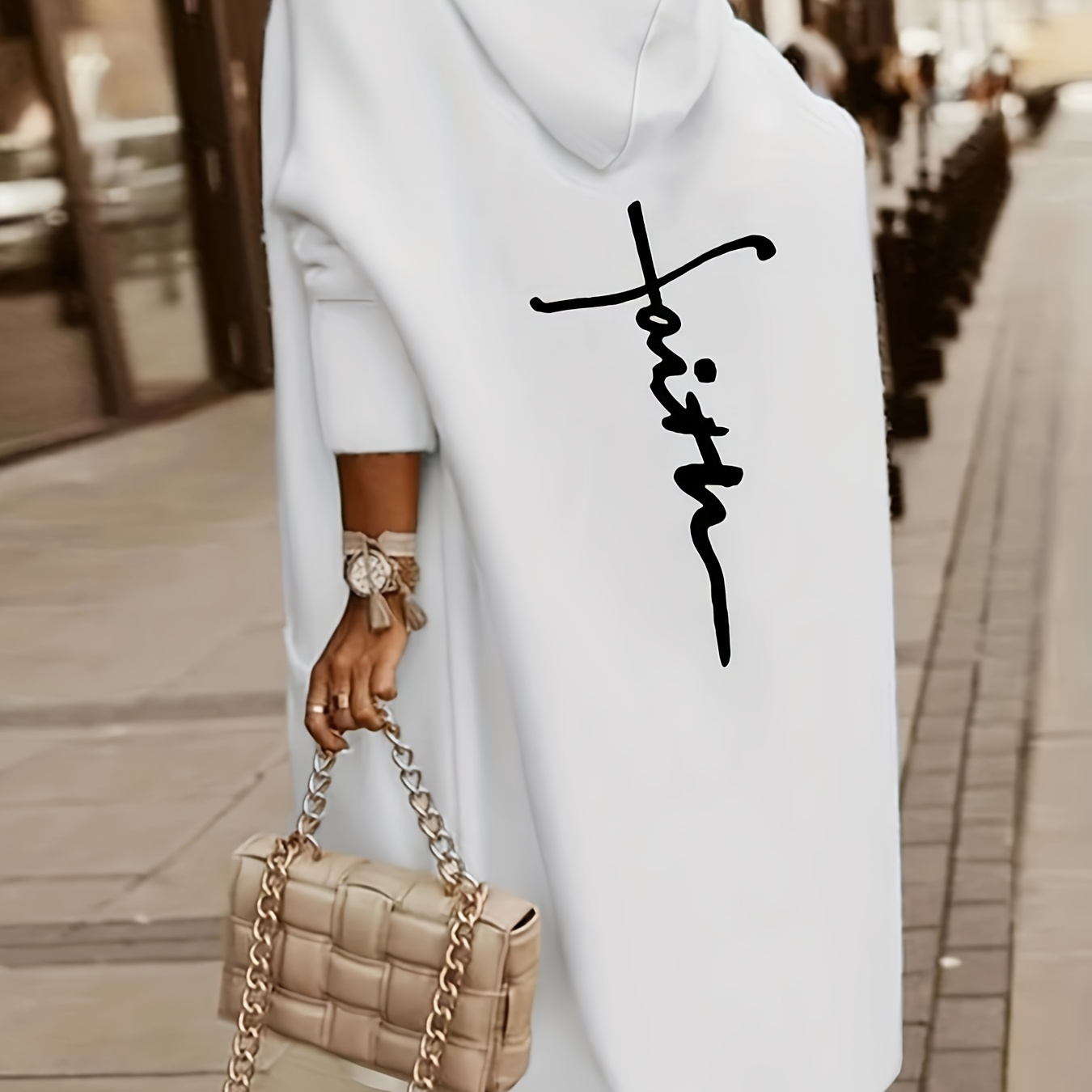 

Faith Letter Print Hooded Knit Cardigan, Casual Open Front Long Sleeve Sweater Coat With Pocket, Women's Clothing