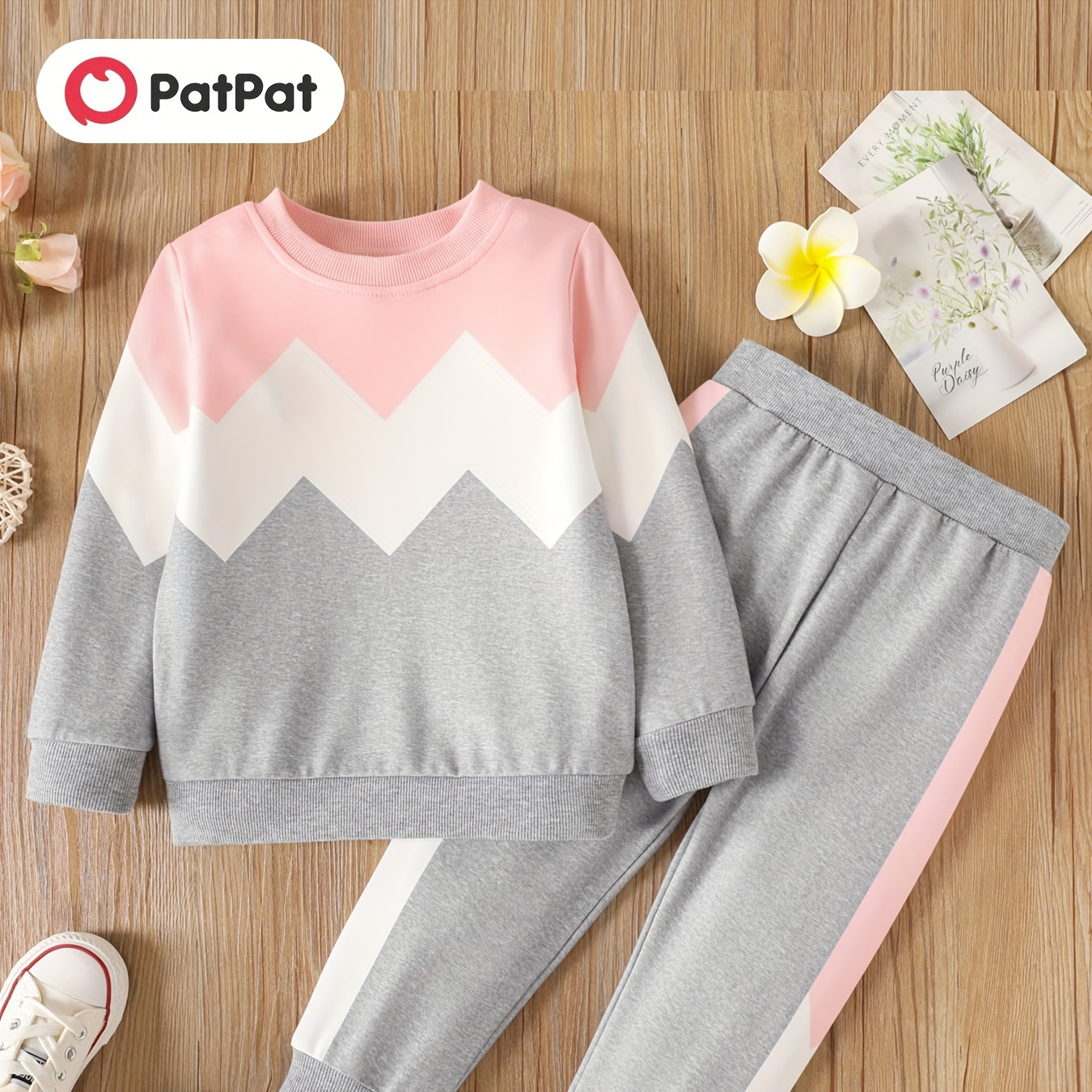 

Patpat 2pcs Toddler Girl Trendy Color Block Sweatshirt And Elasticized Pants Set, Kids Clothes For Spring Autumn