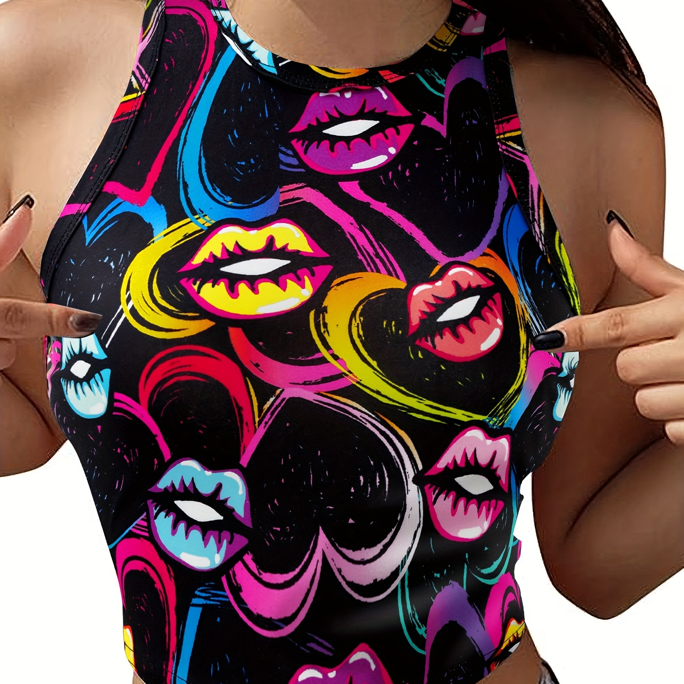 

Lips Print Crop Tank Top, Casual Sleeveless Tank Top For Summer, Women's Clothing