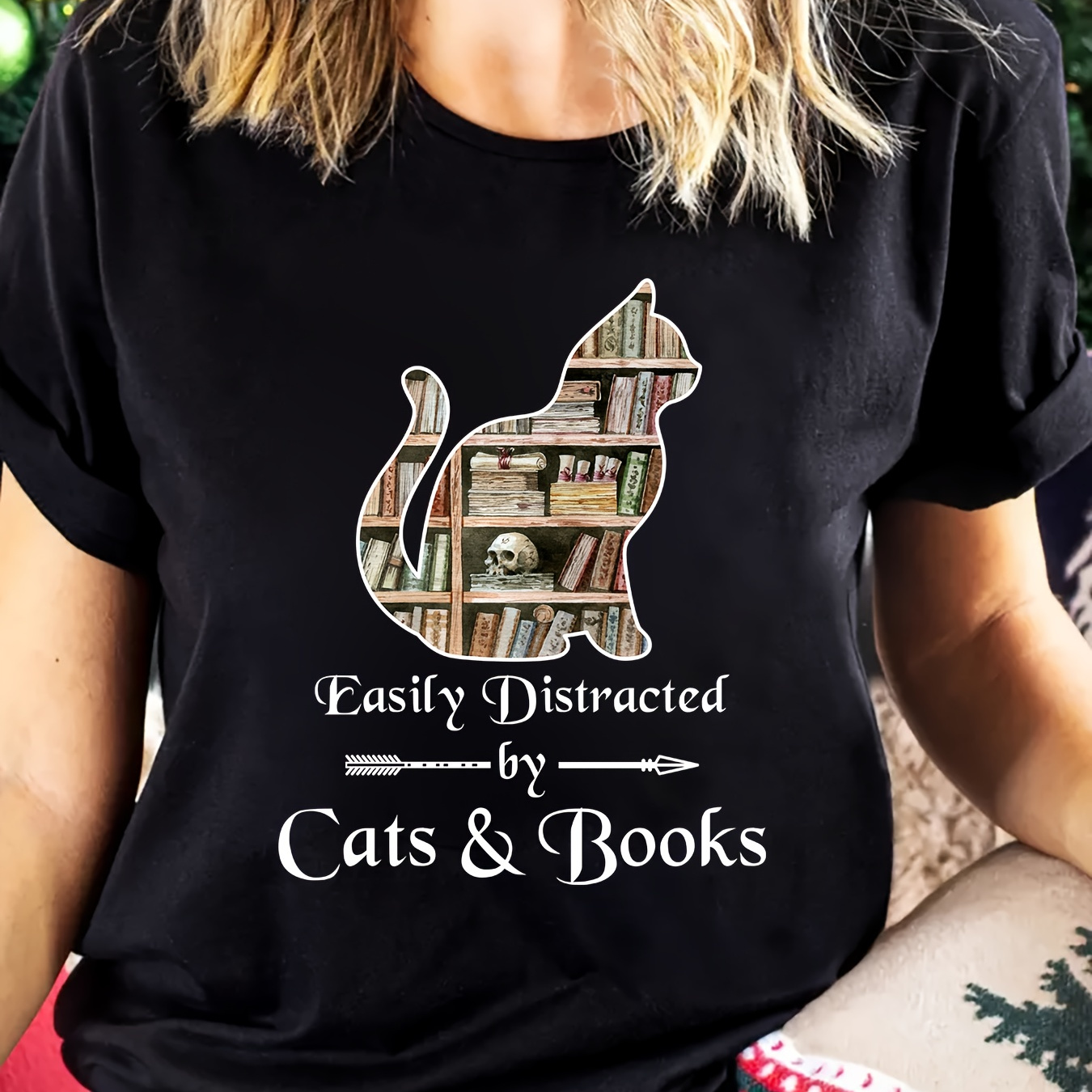 

Women's Casual Short Sleeve T-shirt With Cat And Bookshelf Print, By Cats & Books,