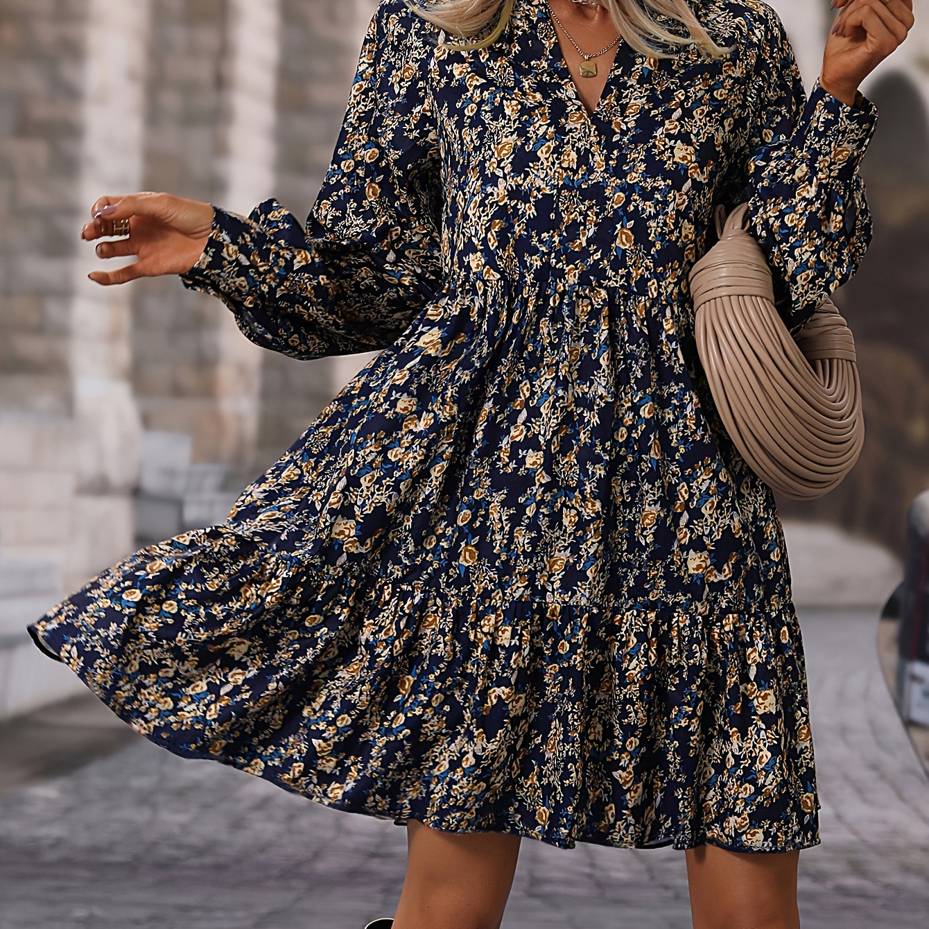 

Robe à en V imprimée floral, robe à manches longues pour et , vêtements pour femmes