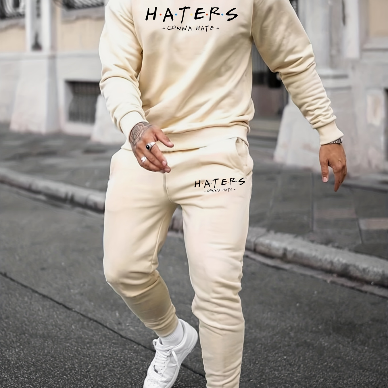 

Trendy Haters Letters Print, Men's 2pcs Outfits, Casual Hoodies Long Sleeve Hooded Shirts Pullover Sweatshirt And Drawstring Sweatpants Joggers Set For Spring Fall, Men's Clothing