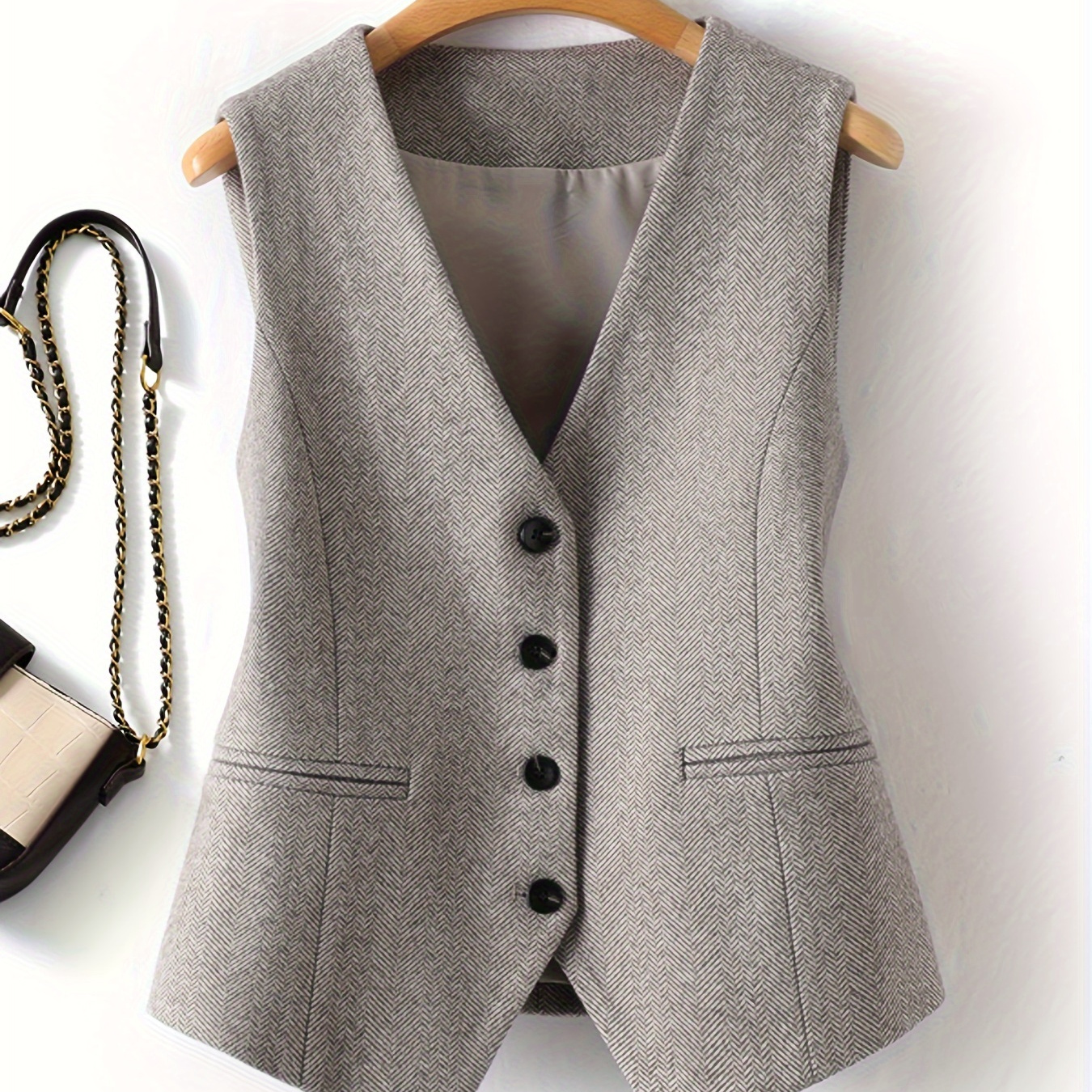 

Single Breasted V Neck Vest, Elegant Sleeveless Outerwear For Spring & Fall, Women's Clothing