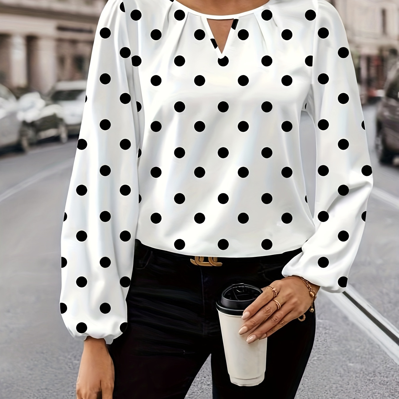 

Women's Elegant Long Sleeve Polka Dot Blouse - Crew Neck, 100% Polyester, Casual Hollow Detail, Regular Fit Pullover Shirt For Fall/winter - Weekend Casual Woven Top