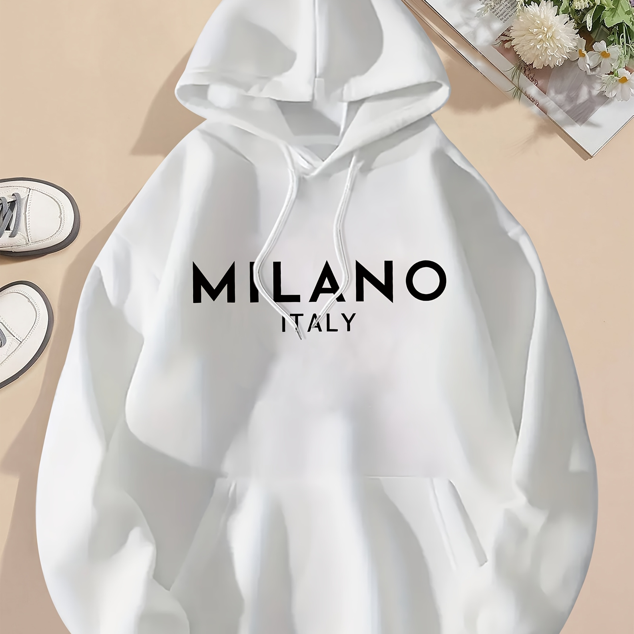 

Milanese Monogram Print Hoodie, Drawstring Casual Hooded Sweatshirt For Fall And Spring, Women's