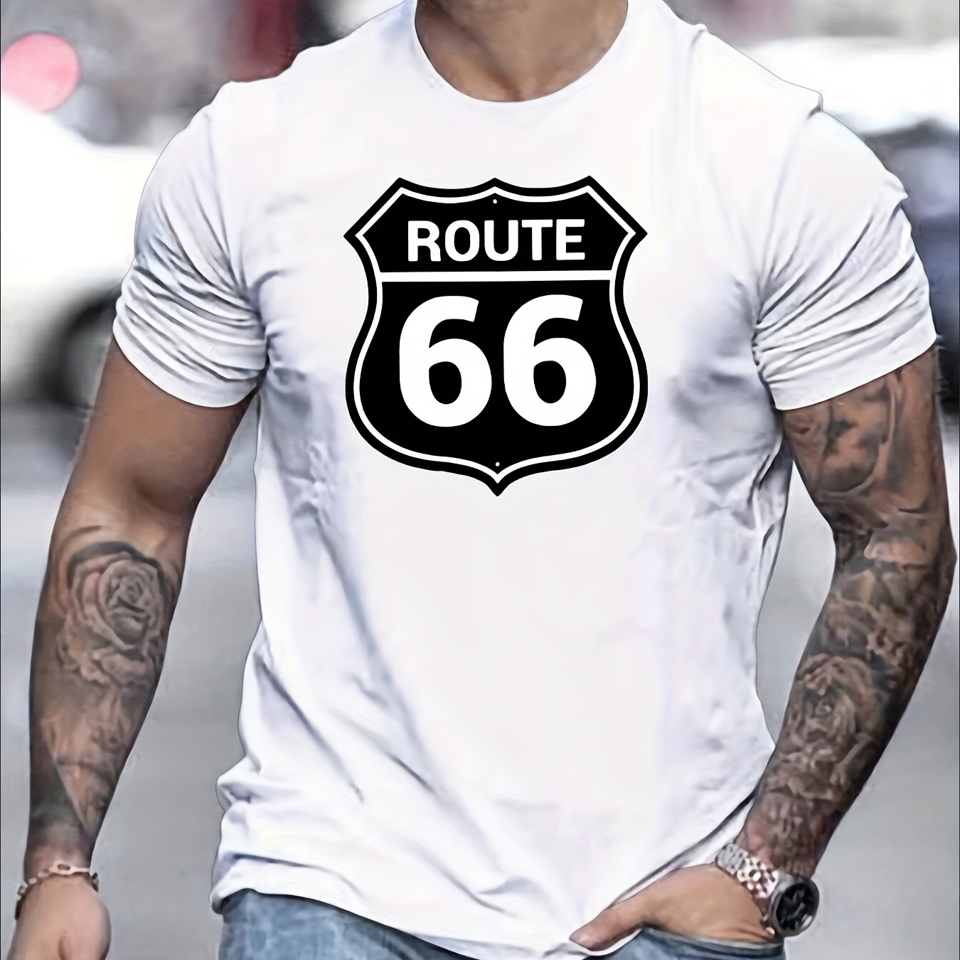 

Route 66 Print T-shirt, Tees For Men, 100% Cotton Comfortable Casual Short Sleeve T-shirt For Summer