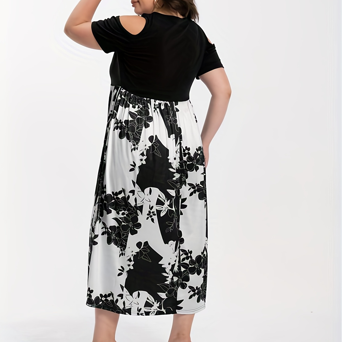 

Plus Size Elegant Dress, Women's Plus Floral Print Round Neck Cold Shoulder Short Sleeve Dress