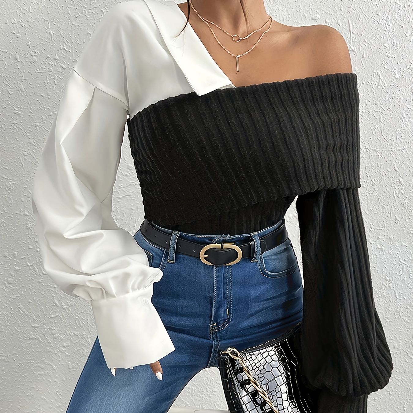 

Slant Shoulder Blouse, Elegant Long Sleeve Top For Spring & Fall, Women's Clothing