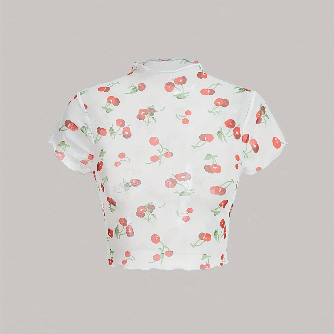 

Cherry Print Mock Neck T-shirt, Cute Short Sleeve Crop Top For Spring & Summer, Women's Clothing