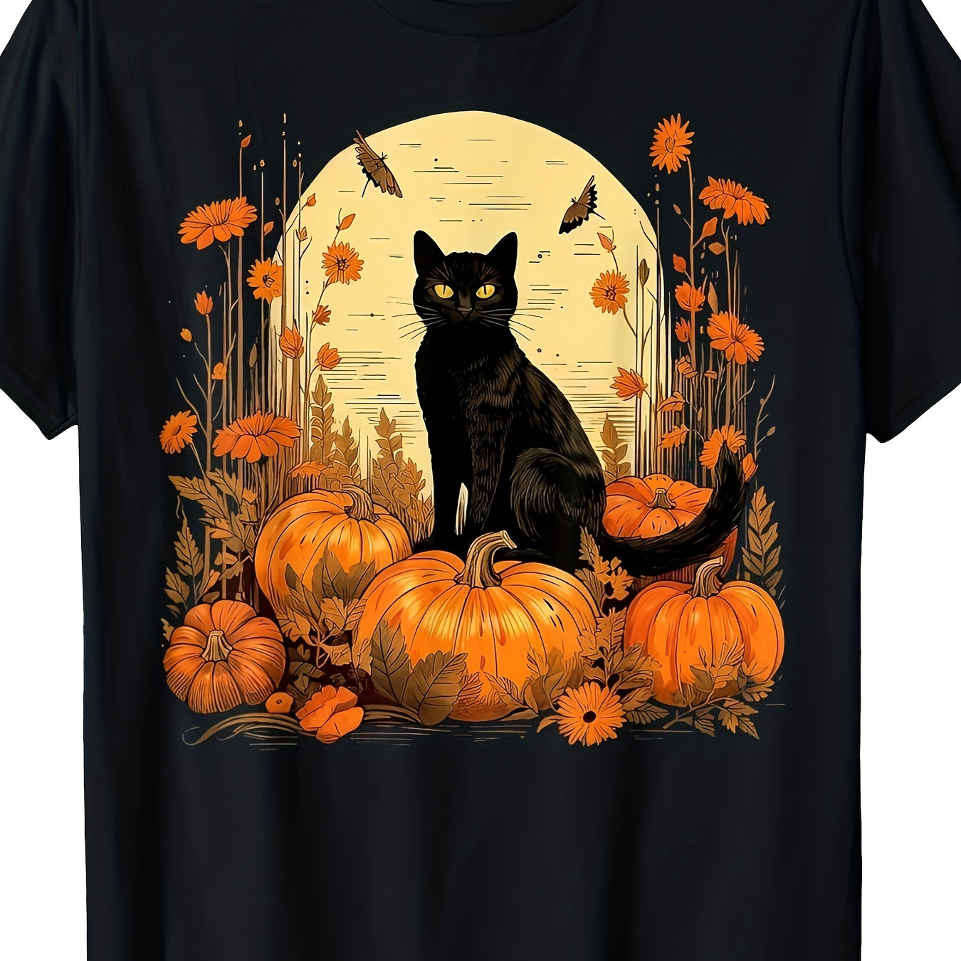 

Floral Black Cat Pumpkins Fall Autumn T-shirt