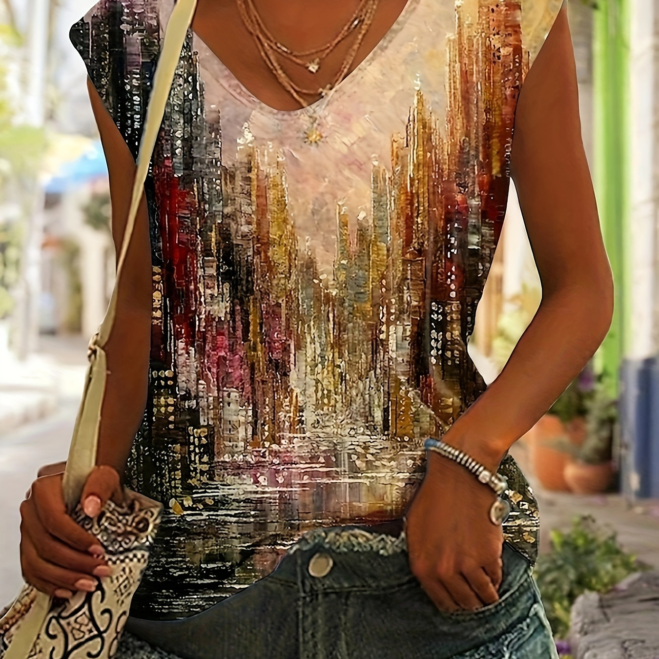 

City Print V Neck Tank Top, Casual Sleeveless Tank Top For Summer, Women's Clothing