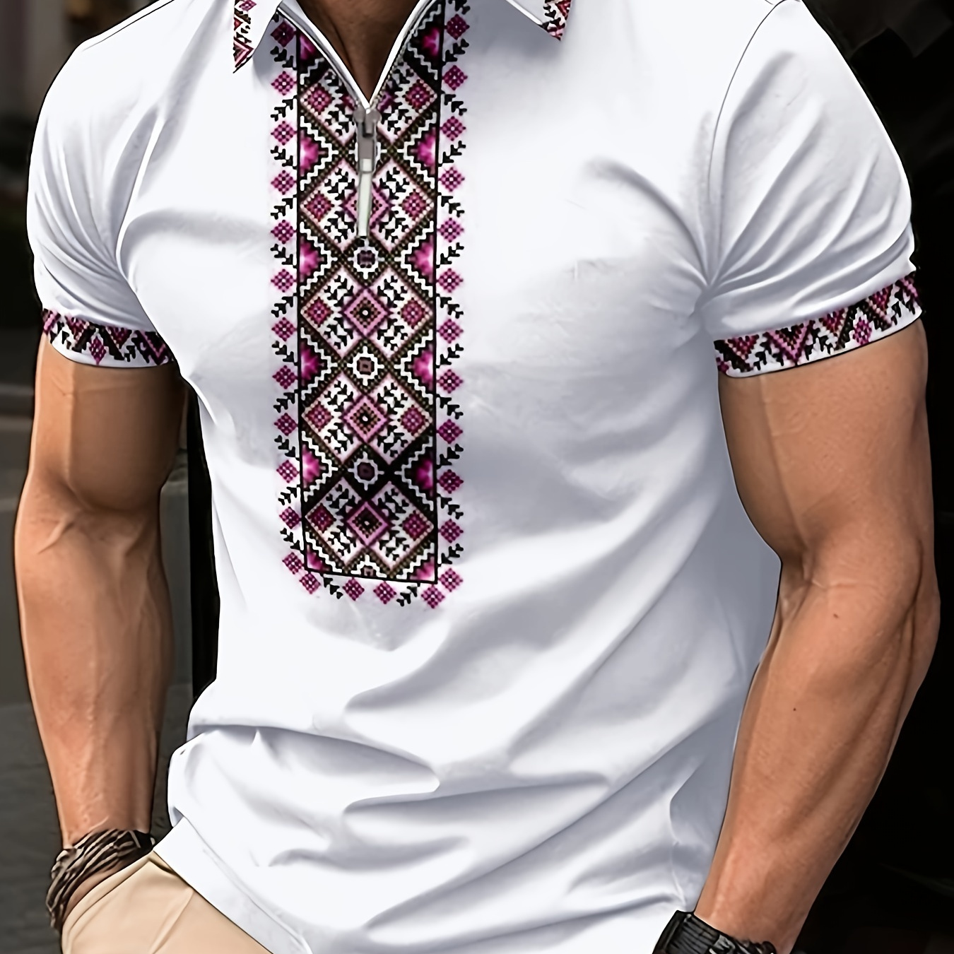 

Geometry Pattern Men's Casual Comfy Fashion Fit Short Sleeve Shirt, Mens Trendy Clothing