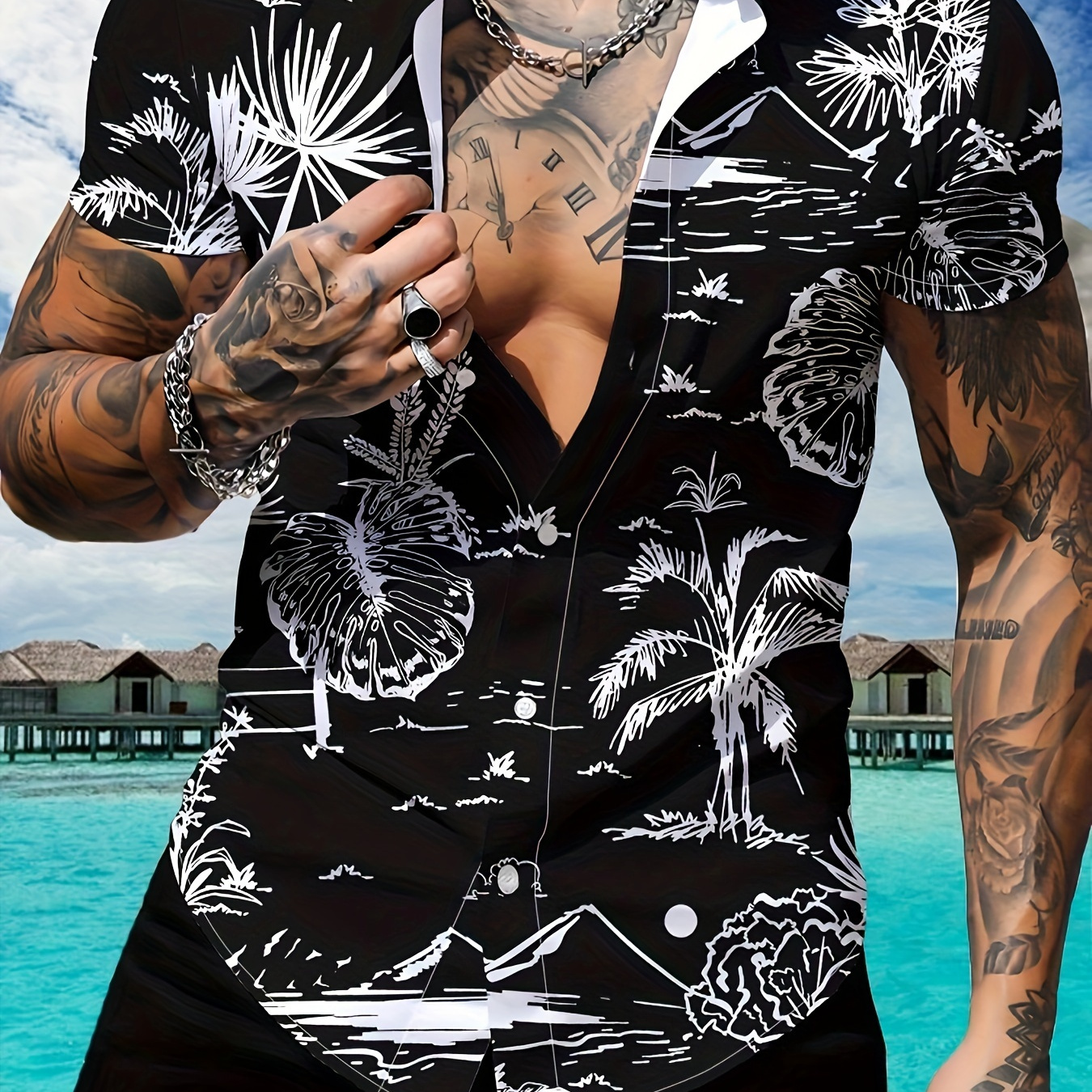 

Men's Trendy Tropical Plants Print Short Sleeve Button Up Lapel Shirt For Summer Daily, Perfect For Summer Beach Casual Vacation, Men's Hawaiian Shirt