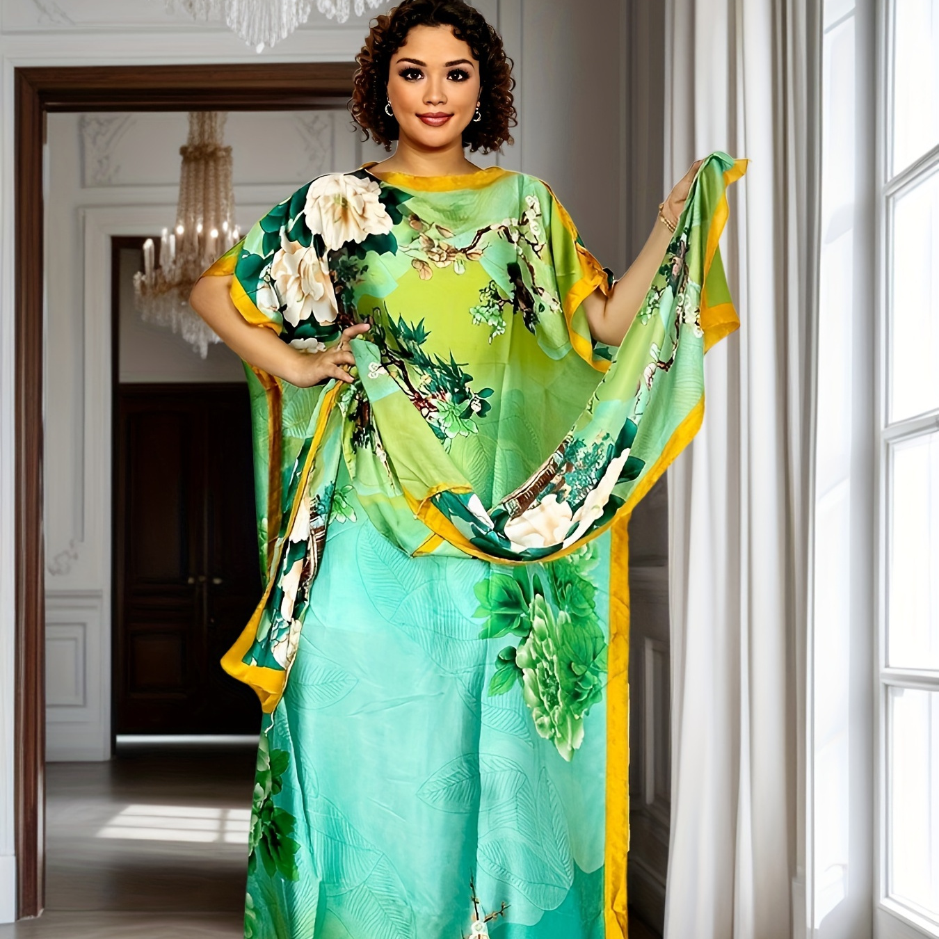 

Plus Size Floral Print Short Sleeve Kaftan Dress, Elegant Floor Length Dress With Scarf, Women's Plus Size Clothing