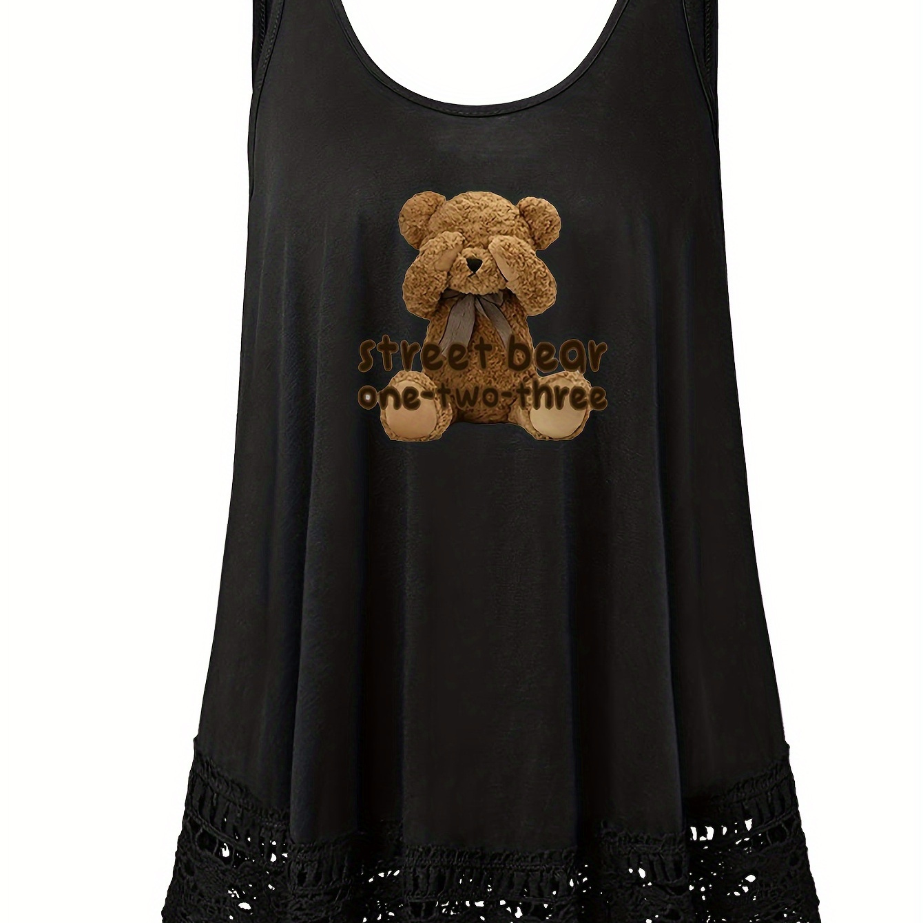 

Plus Size Bear Print Tank Top, Casual Lace Stitching Crew Neck Sleeveless Top For Summer, Women's Plus Size clothing