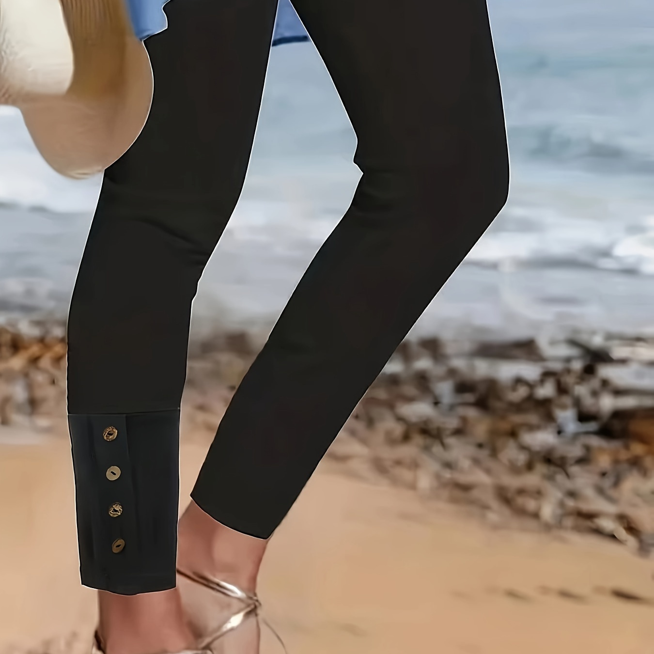 

Legging taille haute décoré de boutons, legging skinny extensible décontracté pour tous les jours, vêtements pour femmes.