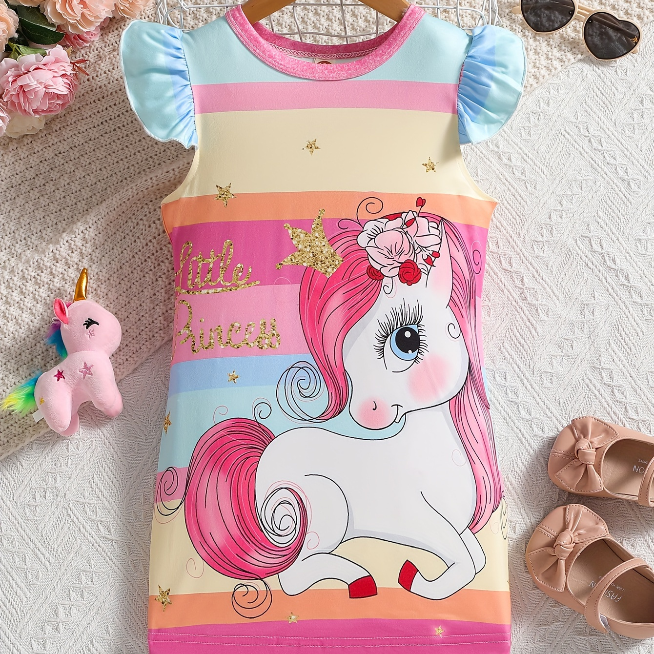 

Dreamy Girls Splicing Unicorn Graphic Colorblock Dress For Summer Gift Party
