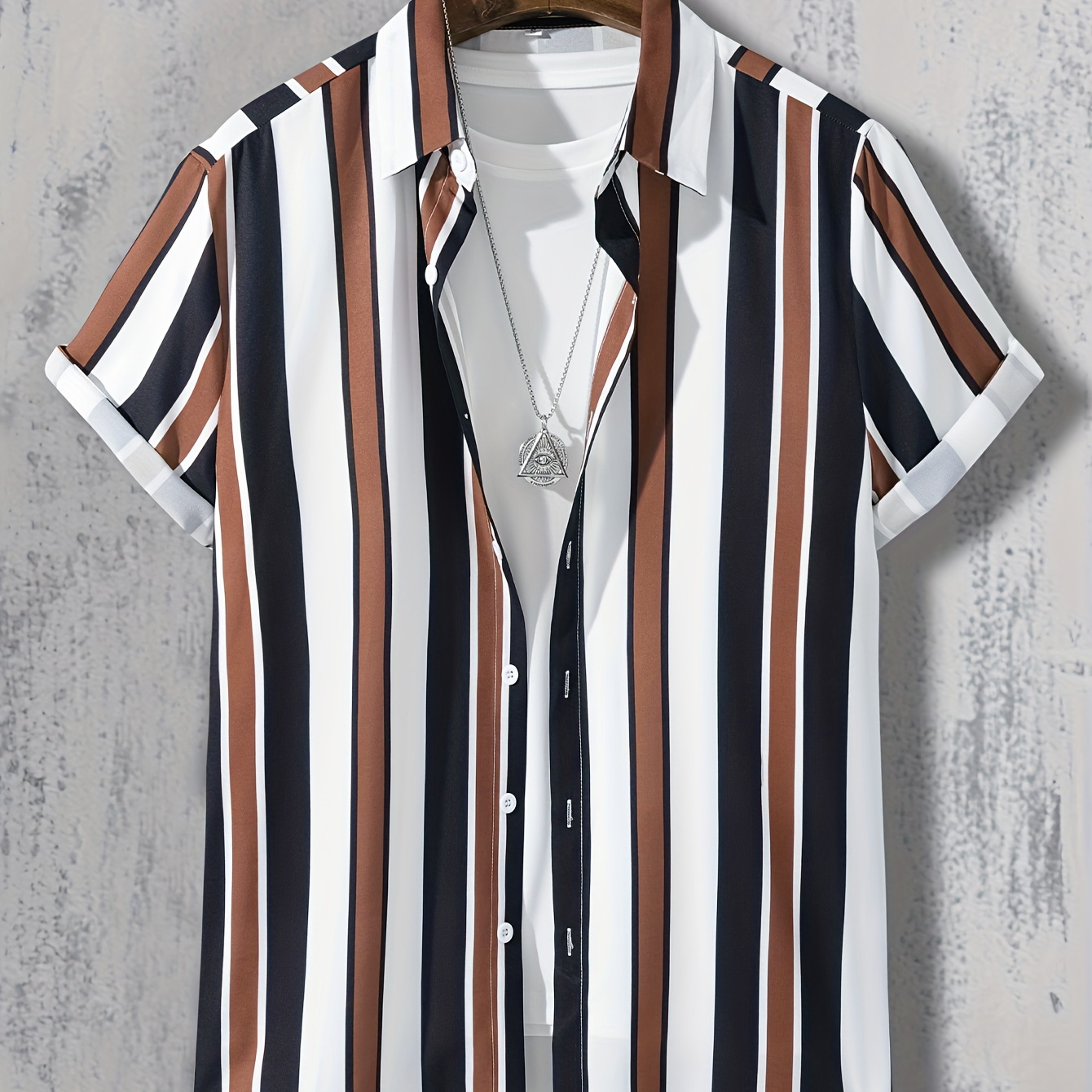 

Trendy Stripe Print Men's Casual Short Sleeve Shirt, Men's Shirt For Summer Vacation Resort, Tops For Men