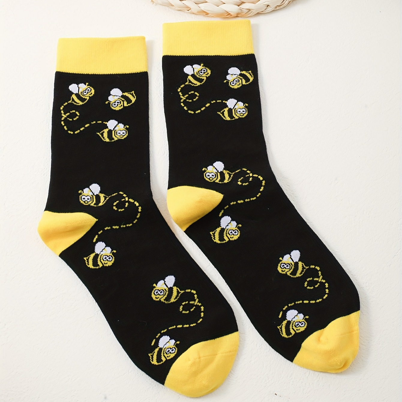 

Cartoon Bee Print Socks, Comfy & Cute Mid Tube Socks, Women's Stockings & Hosiery