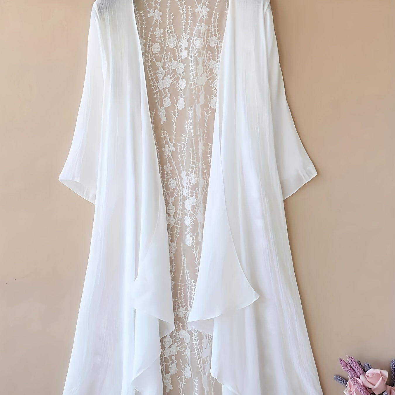 

Plus Size Elegant Kimono, Women's Floral Pattern Embroidery Semi Sheer Plain Half Sleeve Open Front Beach Cover Up