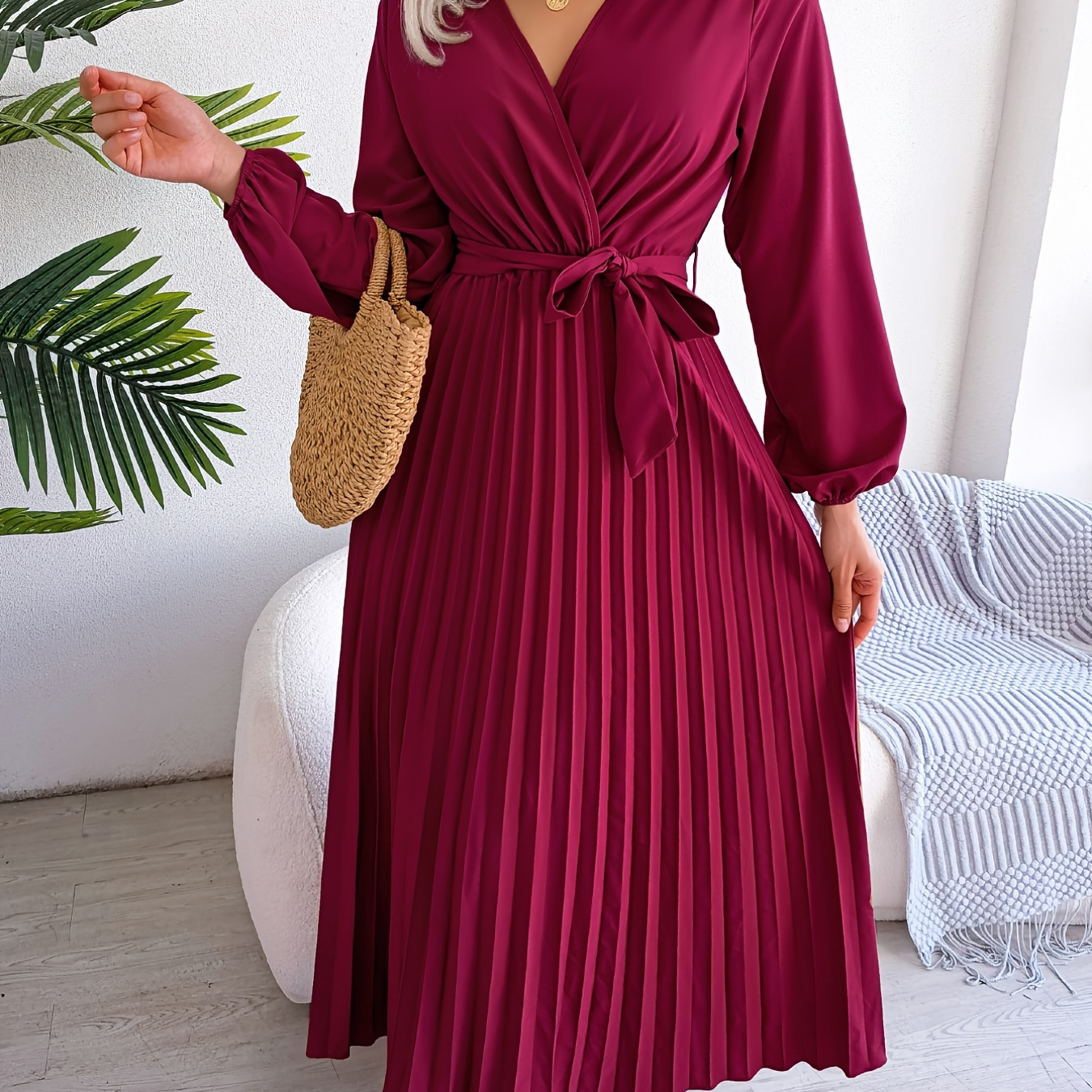 Tie Waist Pleated Maxi Bridesmaid Dress, Elegant V Neck Lantern Sleeve Solid Dress For Spring & Summer, Women's Clothing