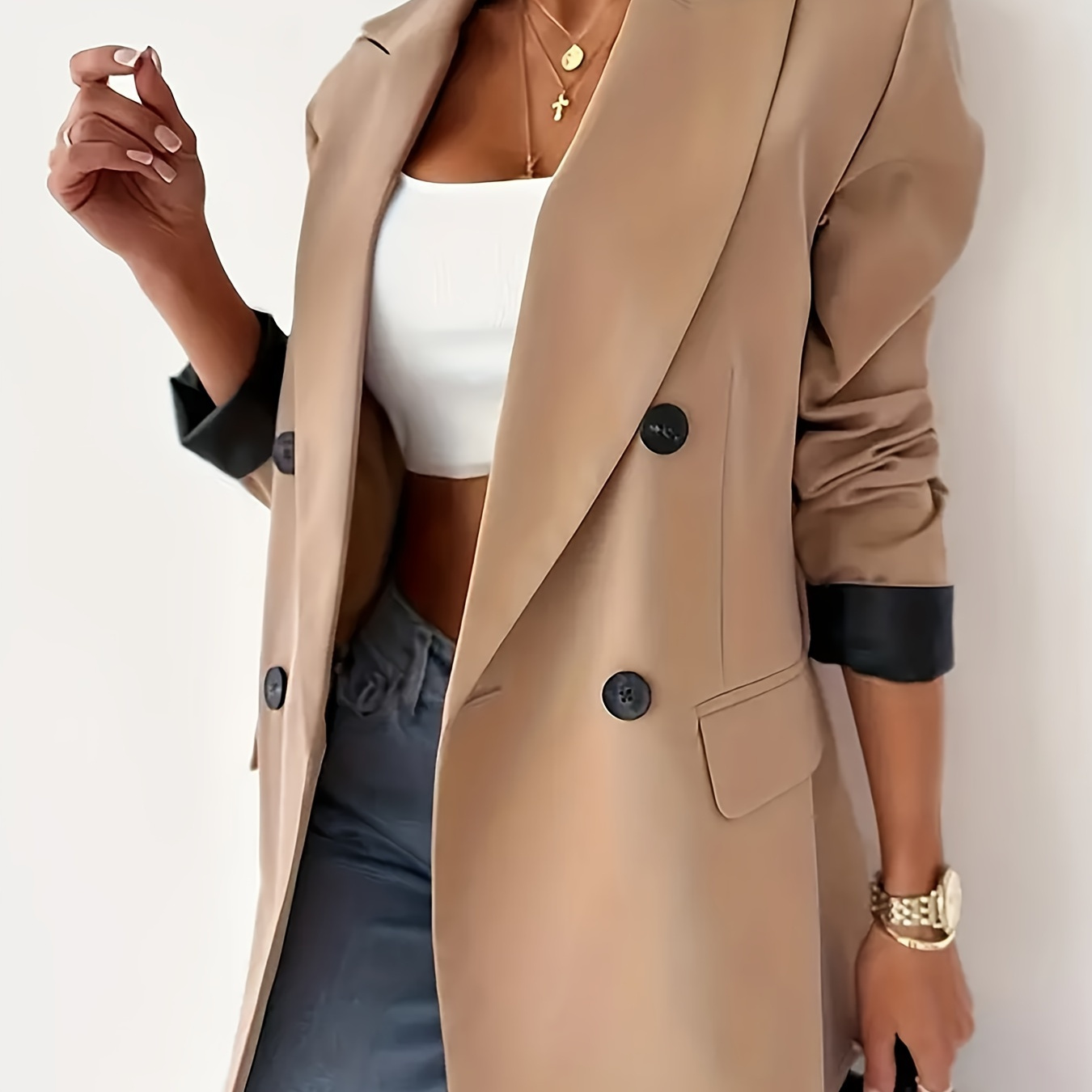 

Double Breasted Lapel Neck Blazer, Elegant Long Sleeve Blazer For Office & Work, Women's Clothing