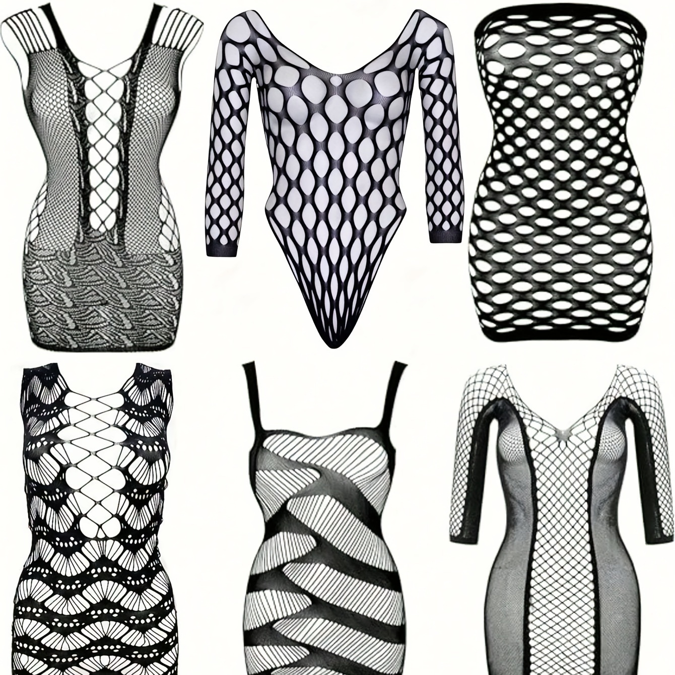 

6 Piece Set Mesh Hollow Semi-perspective Design Dress, Women's Sexy Lingerie & Underwear