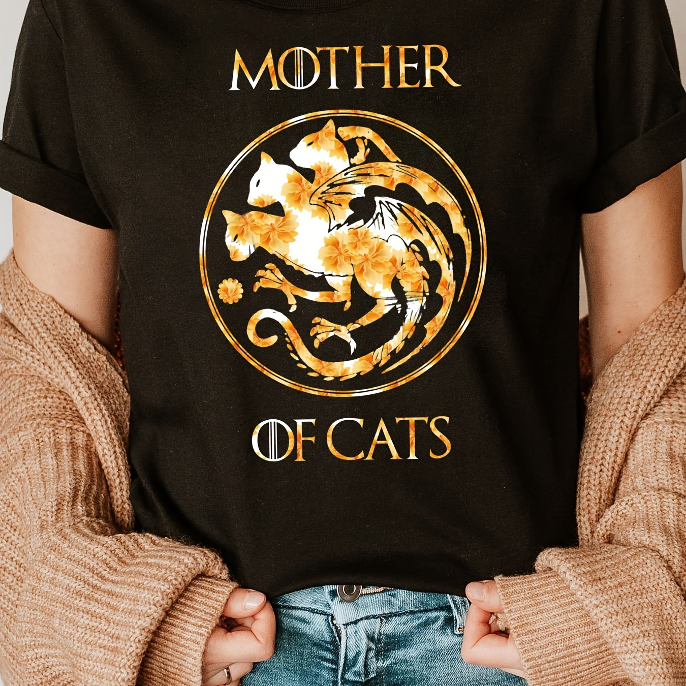 

Mother Of Cats Print Crew Neck T-shirt, Short Sleeve Casual Top For Summer & Spring, Women's Clothing