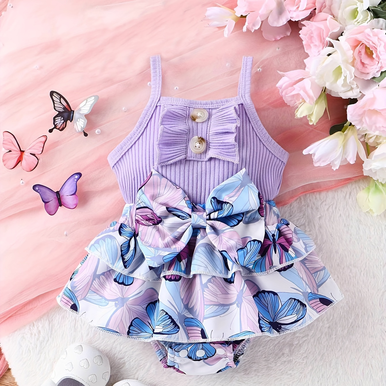 

Baby's Cartoon Butterfly Pattern 2pcs Stylish Summer Outfit, Ruffle Decor Ribbed Cami Top & Layered Skirt Set, Toddler & Infant Girl's Clothes For Daily Wear/holiday/party