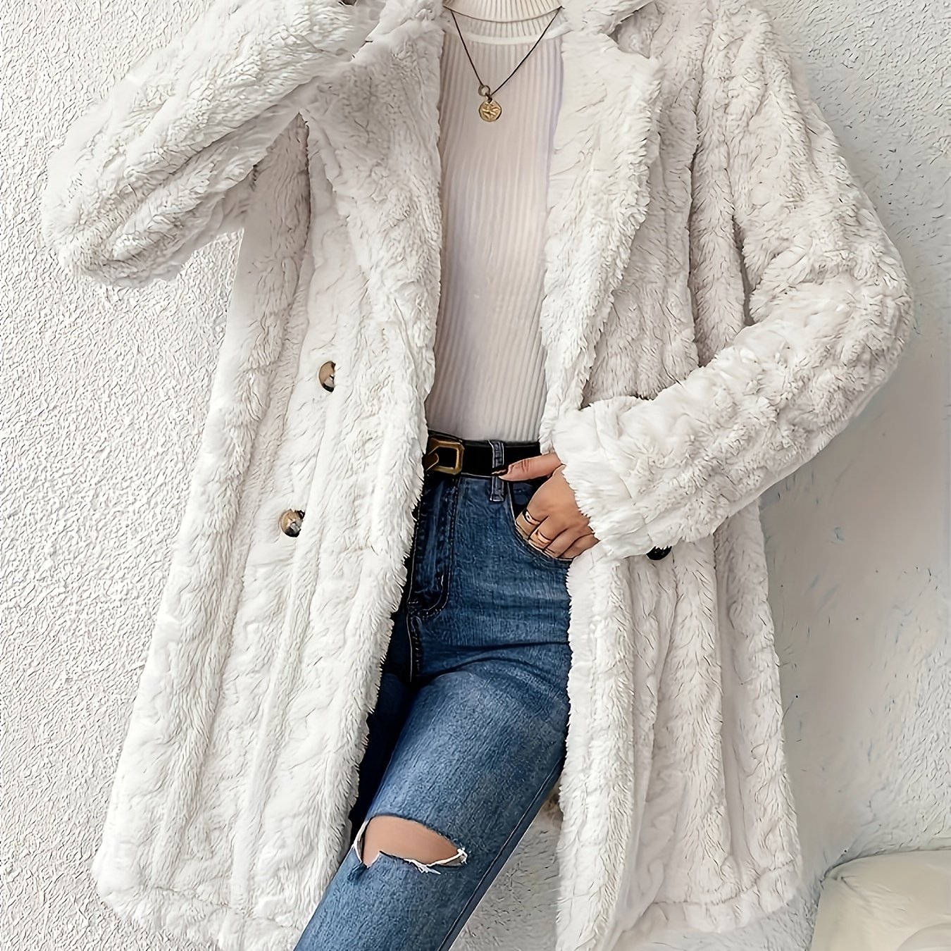 

Double Breasted Lapel Teddy Coat, Long Sleeve Textured Thermal Winter Outerwear, Women's Clothing