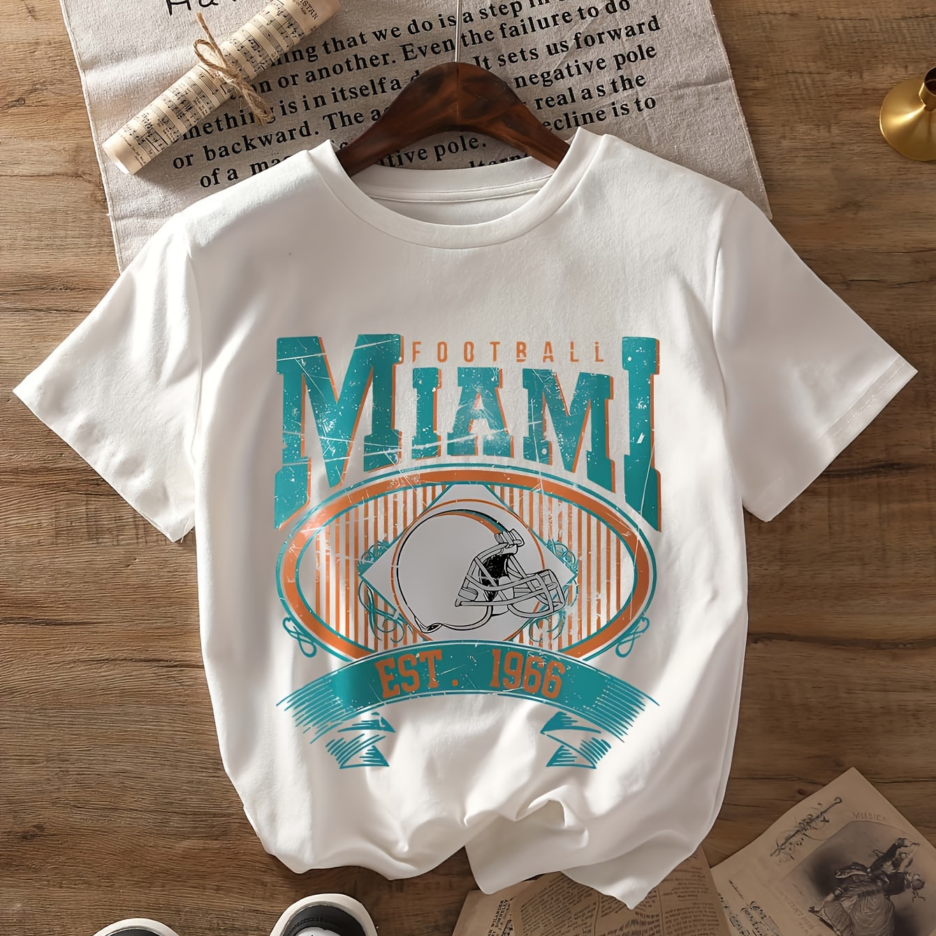 

Women's Polyester Crew Neck T-shirt With Miami Football , Cartoon Pattern, , Regular Length, Knit Fabric, Elastane For Summer