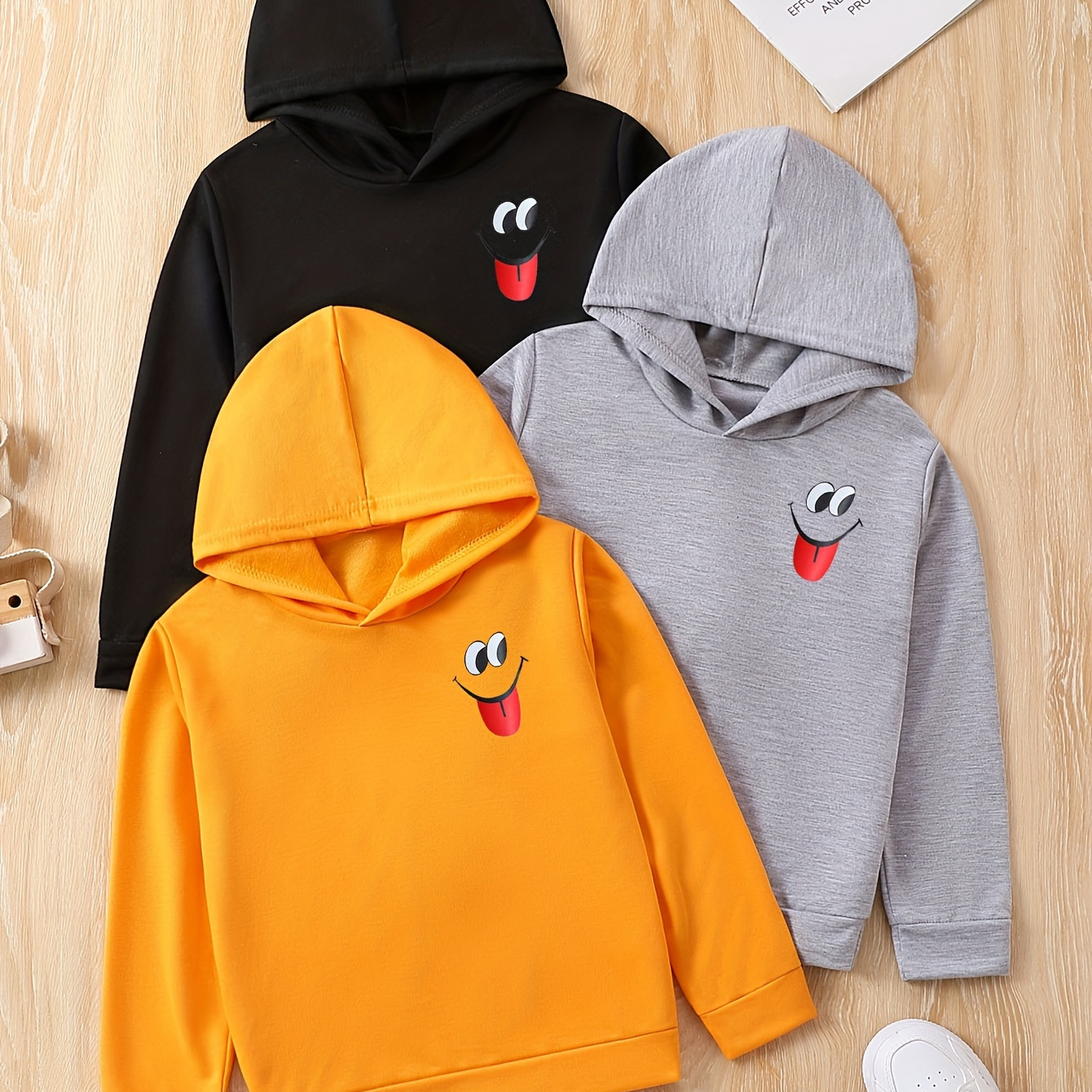 

3pcs Cute Smiling Face Print Boys Casual Pullover Long Sleeve Hoodies, Boys Sweatshirt For Spring Fall Winter, Kids Hoodie Tops Outdoor