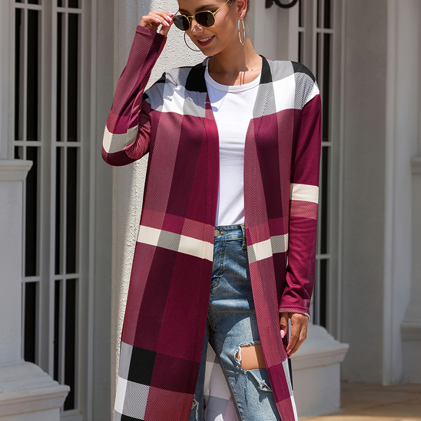 

Plaid Print Buttonless Open Front Top, Casual Longline Coat For Spring & Fall, Women's Clothing