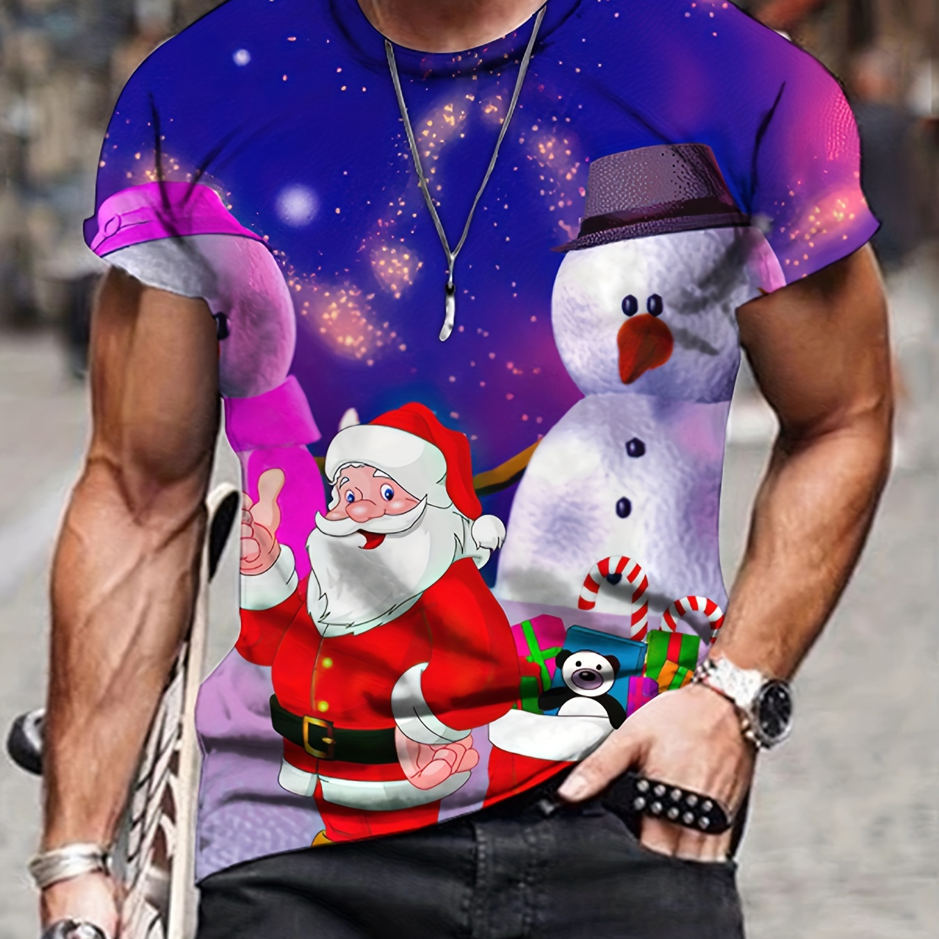 

Christmas Santa Claus And Snowman Print, Men's Graphic T-shirt, Casual Comfy Tees For Summer, Mens Clothing