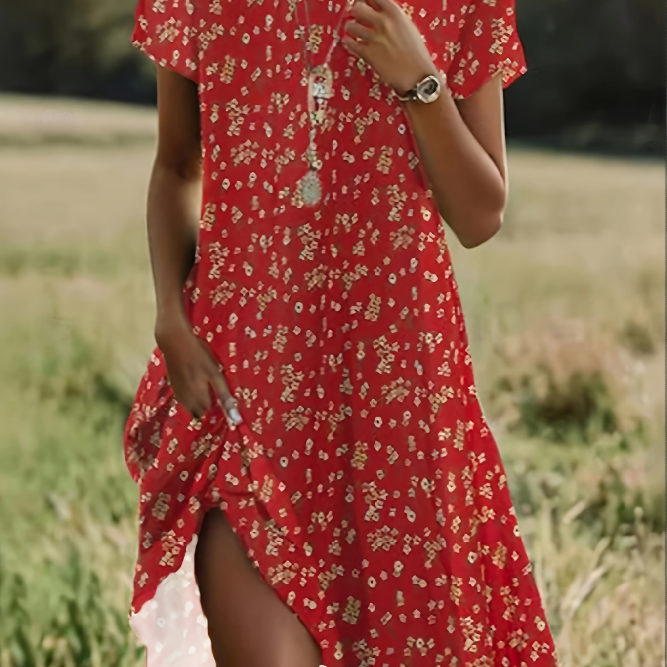 

Elegant Red Floral Print Midi Dress For Women - Stretchy Elastane & Polyester , Short Sleeve, Round Neck, A-line Skirt With Umbrella Hem