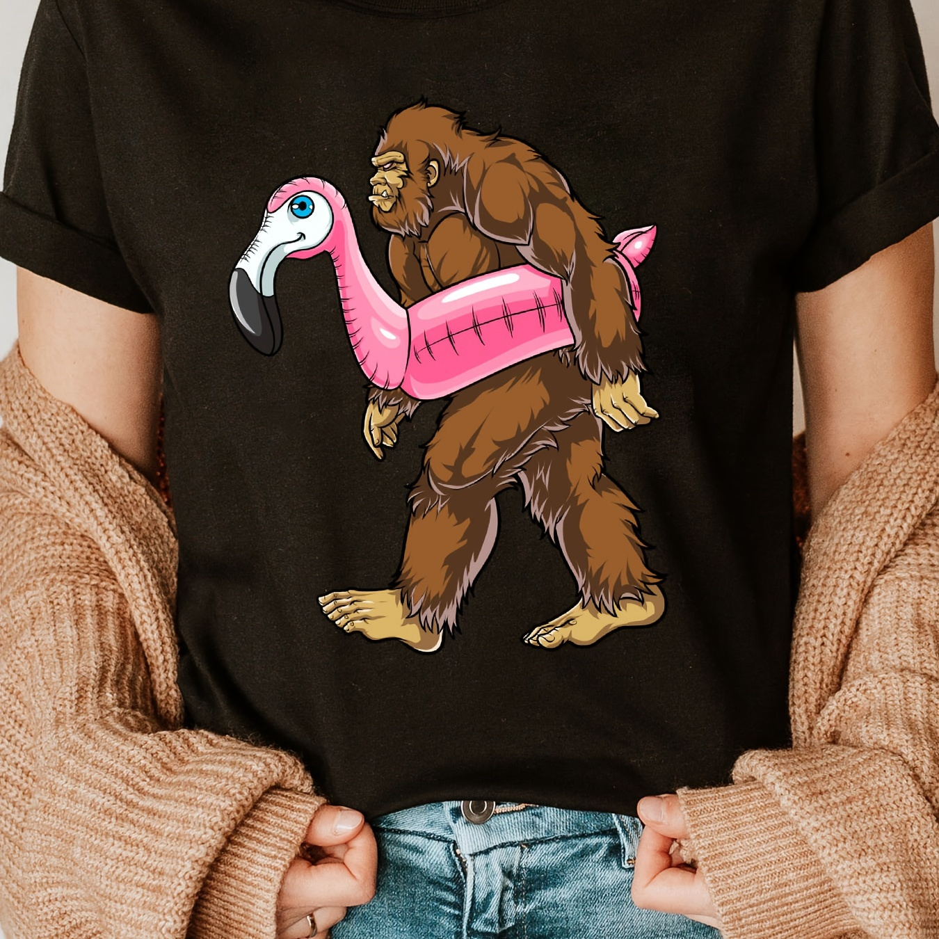 

Gorilla Print Crew Neck T-shirt, Short Sleeve Casual Top For Summer & Spring, Women's Clothing