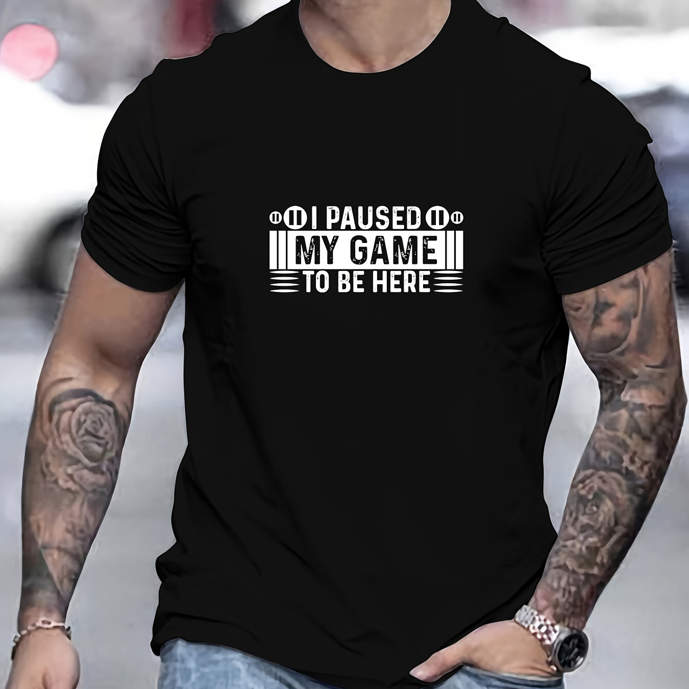 

Cotton Crew Neck T-shirt For Men With 'i Paused My Game To Be Here' Print - Casual Short Sleeve Knit Fabric Tee With Slight Stretch For Summer