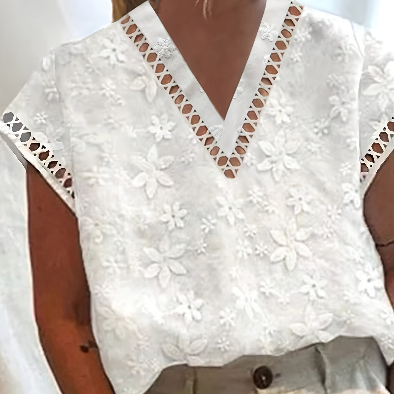 

Summer Casual Short Sleeve V-neck T-shirt With Embroidered Lace Panel, Woven Polyester, Solid Color, Regular Fit - Non-stretch