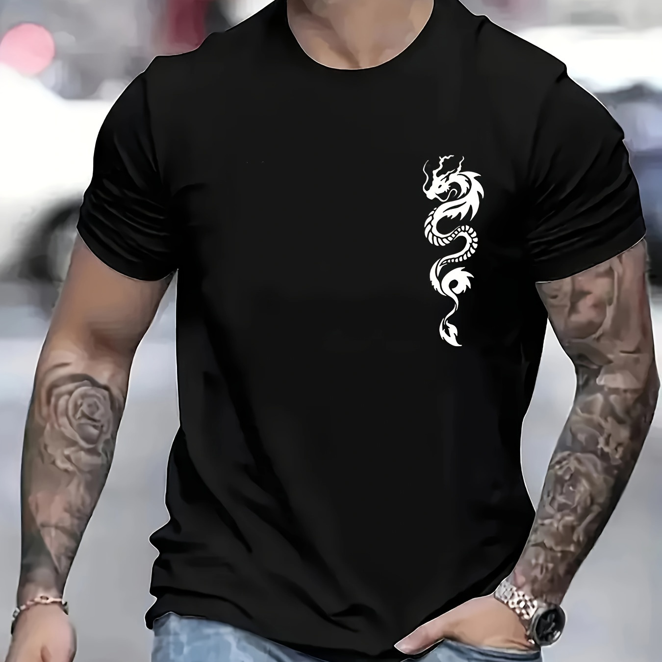 

Dragon Graphic Men's Short Sleeve T-shirt, Comfy Stretchy Trendy Tees For Summer, Casual Daily Style Fashion Clothing