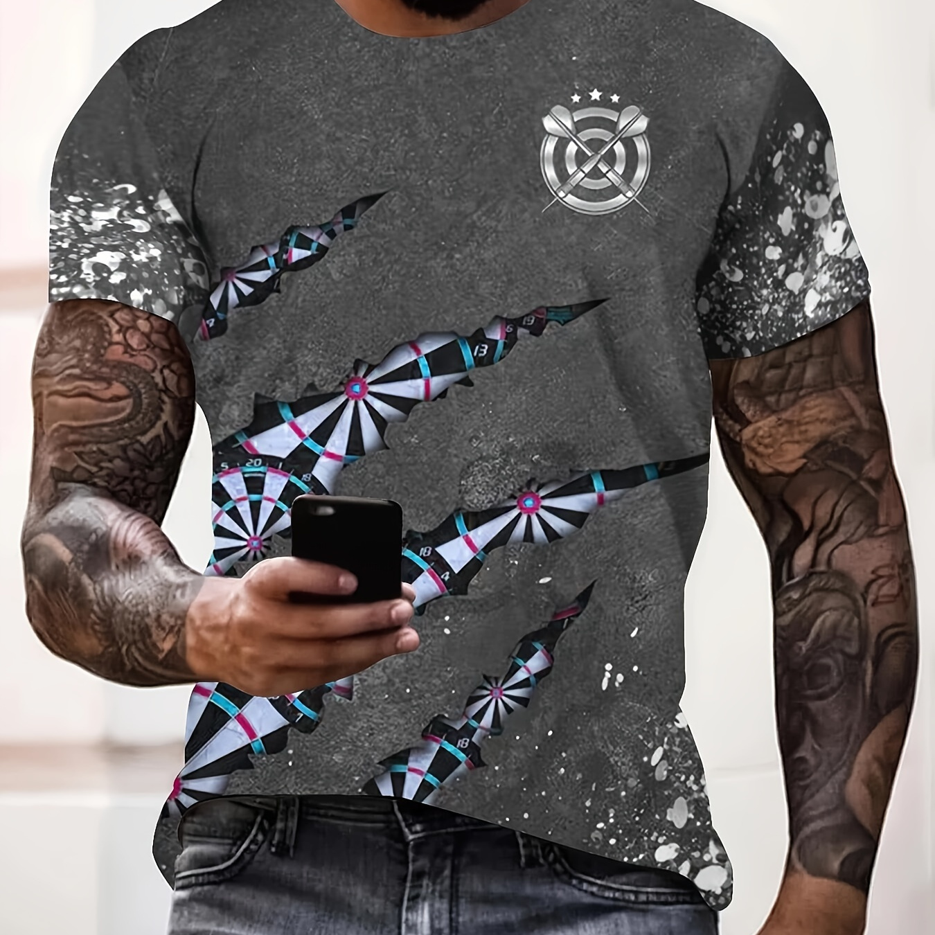 

Dart Themed Creative Digital Print Men's Sports Stretch Short Sleeve Crew Neck T-shirt, Summer Outdoor